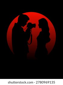 Romantic Couple Silhouette Under Red Moon Vector Illustration