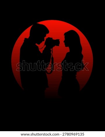 Romantic Couple Silhouette Under Red Moon Vector Illustration