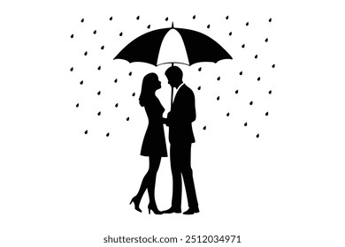 Silueta romántica de la pareja bajo el paraguas en la lluvia, Ilustración vectorial, Clipart