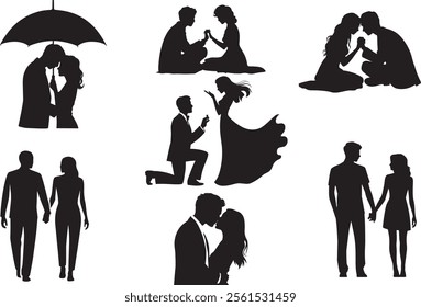 Romantic couple silhouette vector art showing love and connection with timeless poses like hugging and kissing perfect for Valentines Day designs romantic decorations and love themed creative projects