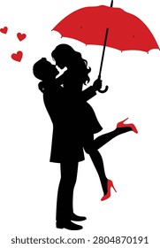 Romantic couple silhouette vector illustration under red rain umbrella.
