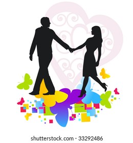 romantic couple silhouette walking - (couple one unit)