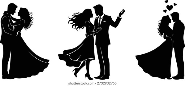 Romantic couple silhouettes, dancing and embracing poses, black and white vector illustration, love celebration concept, elegant wedding theme, affectionate moment design