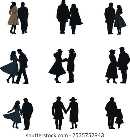 Romantic couple silhouettes dressed in vintage outfits. These illustrations showcase timeless love, perfect for designs centered on elegance, romance, and nostalgia.