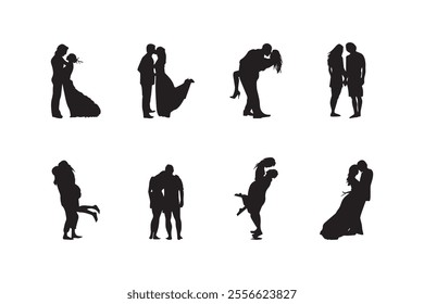 Romantic Couple Silhouettes, Happy People, Love, Happiness, Man, Woman, Dance, Kiss, Family, Black silhouettes, Isolated, Vector Illustration