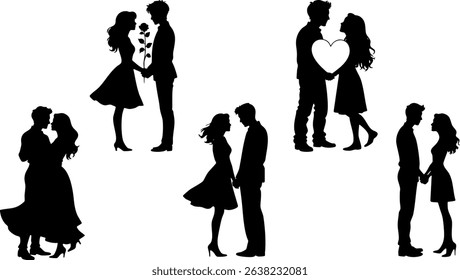 Romantic Couple Silhouettes - Love, Gifts, Hugging, Dancing, Valentine Vector Set
