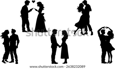 Romantic Couple Silhouettes - Love, Hugging, Kissing, Dancing, Togetherness Vector Set