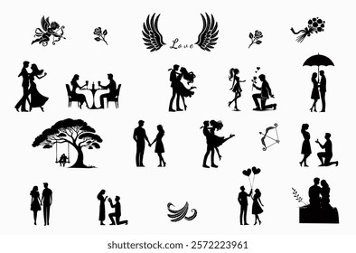 Romantic Couple Silhouettes and Love Icons, Valentine's Day Design Elements Set