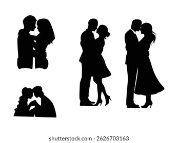 Romantic Couple Silhouettes in Love Poses Black and White Vector Illustration