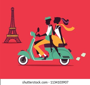 Romantic couple silhouettes on a Vespa scooter with Eiffel Tower in the background