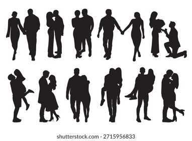 Conjunto de siluetas románticas de pareja aisladas sobre fondo blanco. Conjunto de siluetas románticas de pareja en diferentes poses aisladas sobre fondo blanco. Siluetas negras de hombre y mujer caminando juntos, tomados de la mano, abrazando, besando, bailando y propuesta de matrimonio en una rodilla. Concepto de amor y relación perfecto para diseños de San Valentín, proyectos nupciales, tarjetas de felicitación, carteles, invitaciones, Anuncios e ilustraciones románticas.