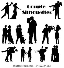 Romantic couple silhouettes in various poses, perfect for Valentine's Day cards, wedding invitations, making love. These vector illustrations add a charming and intimate touch to any design. Editable.