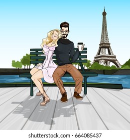 Romantic couple sit on a bench near river drinking cofee. Eifel tower in a background. - love card or invitation banner vector illustration