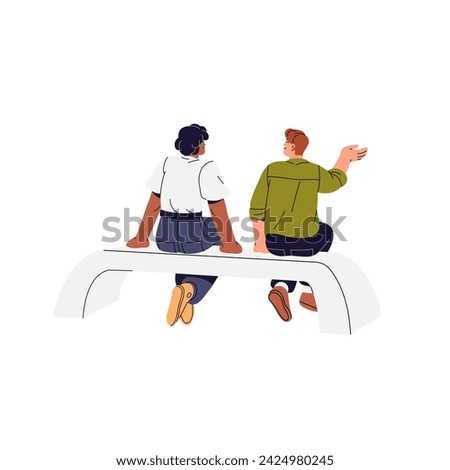 Romantic couple sits, relax on bench together. People meeting on seats, talk back view. Friends, acquaintances communicate, chat in city park. Flat isolated vector illustration on white background