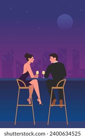 Romantic couple sitting at bar balcony with sky and moon background. Couple in love drinking champagne vector illustration