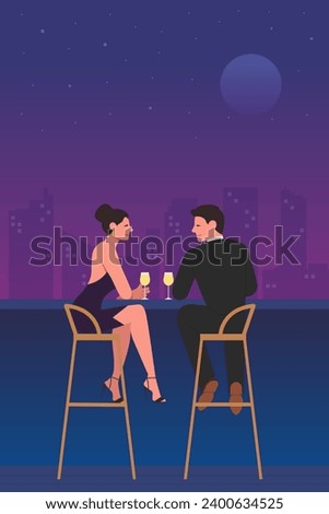 Romantic couple sitting at bar balcony with sky and moon background. Couple in love drinking champagne vector illustration