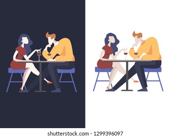 Romantic couple sitting in cafe. Man and woman in a restaurant. Vector illustration