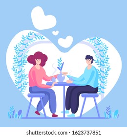 Romantic couple sitting in cafe. Man and woman in a restaurant. Loving Couple or Pair Male Female Friend Sit at Table Drink Coffee have Discussion. Boyfriend and Girlfriend Date. Flat Cartoon Vector