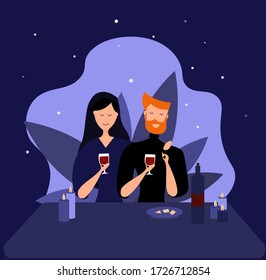 Romantic couple sitting in cafe. Man and woman in a restaurant. Vector illustration