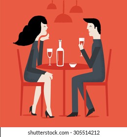 Romantic couple sitting in cafe - sharing a bottle of wine. Man and woman in a restaurant. Vector illustration