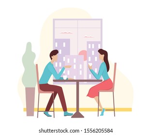 Romantic couple sitting in cafe. Vector illustration of couple having a date at restaurant.