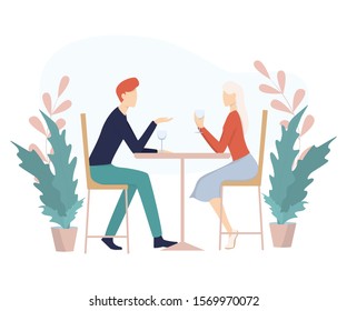 Romantic couple sitting in cafe. Vector illustration of couple having a date at restaurant.