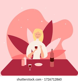 Romantic couple sitting in cafe. Woman in a restaurant. Vector illustration