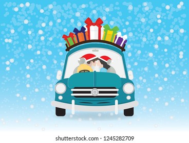Romantic couple is sitting in green retro car with gift boxes on roof silhouetted on snowing background,  young man and woman kissing, paper cut style vector illustration for Christmas and new year