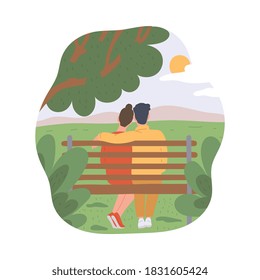 Romantic couple sitting hugging on bench and watching sunset, flat vector illustration isolated on white background. Scene of couple joint leisure for bonding relations.