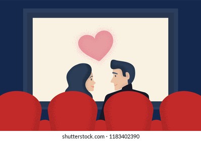 Romantic couple sitting in movie theater half-face smiling to each other. Young man and woman in cinema from back. Atmospheric love vector illustration with textured shadows.