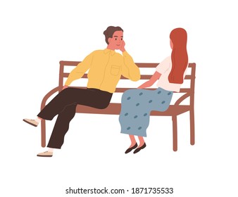 Romantic couple sitting on bench and talking. Cute enamored man and woman on a date outdoors. Young family spend time together. Flat vector cartoon illustration isolated on white background