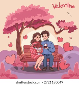 Pareja romántica sentada en un banco bajo un cerezo rosa en flor. Concepto del día de San Valentín con un hombre tocando la guitarra para una mujer en un parque. Ilustración vectorial plana.