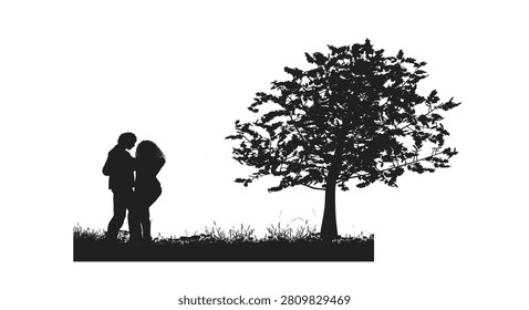 Romantic Couple Sitting on a Park Bench, Silhouetted Lovers on a Bench,A Man and Woman Sharing a Moment on a park Bench. Heartfelt on a Bench at Dusk, vector illustration.