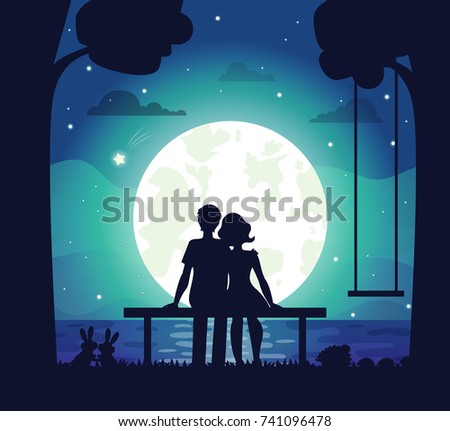 Romantic couple sitting on seaside under moonlight surrounded by lovely family of hairs and hedgehog. Vector illustration with man and woman in love