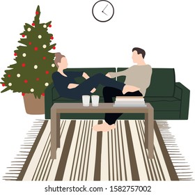 Romantic couple sitting on sofa, resting and talking in the living room with Christmas tree , table , glasses, o’clock and carpet. Holidays vector illustration in cartoon style.