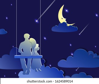 Romantic couple sitting on a swing among clouds. Man and woman in love swinging under the starry sky. Happy lovers under the moon. Cartoon concept, paper art style. Vector illustration