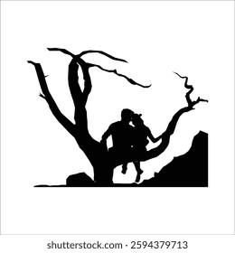 Romantic Couple Sitting on a Tree Branch – Black Silhouette Art