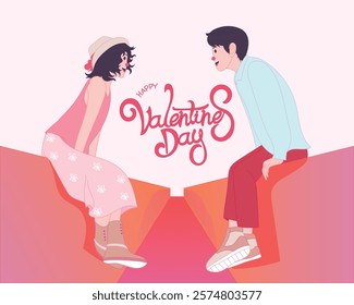 Romantic couple sitting on a wall, smiling with love, 'Happy Valentine's Day' text between them.