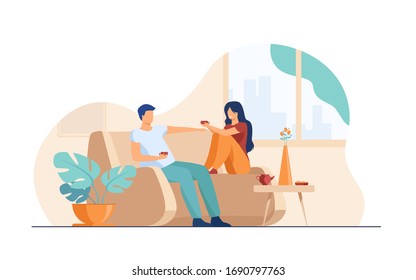 Romantic couple sitting at sofa, talking and drinking coffee flat vector illustration. Man and woman living together in apartment Romance and love concept.