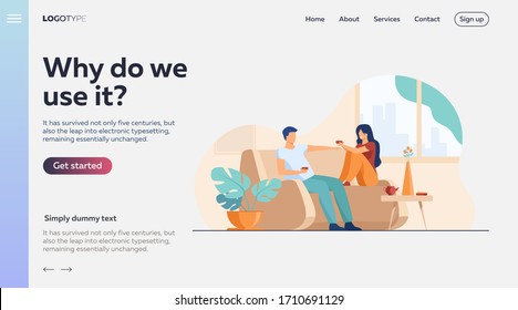 Romantic couple sitting at sofa, talking and drinking coffee flat vector illustration. Man and woman living together in apartment Romance and love concept.