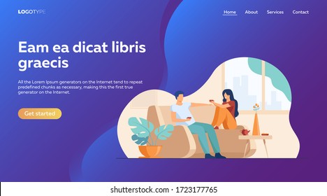 Romantic couple sitting at sofa, talking and drinking coffee flat vector illustration. Man and woman living together in apartment Romance and love concept.