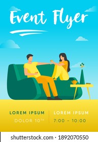 Romantic couple sitting at sofa, talking and drinking coffee flat vector illustration. Man and woman living together in apartment Romance and love concept.