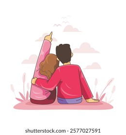 Romantic couple is sitting together lovingly. Soothing illustration for Valentine's Day.