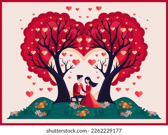 Romantic Couple Sitting Under The Hearts Trees With Nature View. Happy Valentine's Day Concept.