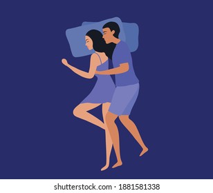 Romantic couple sleeping happily on bed vector illustration. Love and happy relationship concept