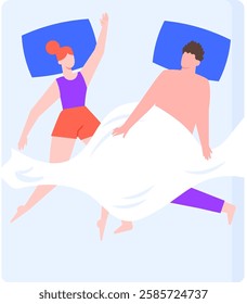 Romantic couple sleeping together in bed under blanket, top view vector illustration of man and woman resting in bedroom at night, dreaming in various positions
