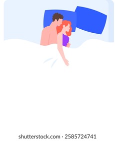 Romantic couple sleeping together under blanket in bed, cuddling each other, man and woman resting in bedroom at night, healthy sleep, comfortable bedclothes, vector flat style cartoon illustration