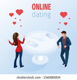 Romantic Couple with Smartphones Restaurant Table Vector Isometric Illustration. Online Dating Concept. Man Woman Find Love Flirting Meeting Communication Internet Service Application