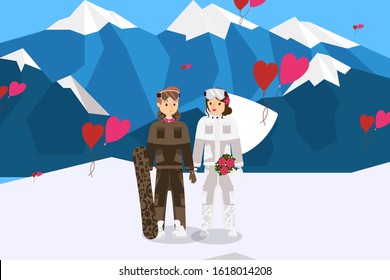 Romantic couple spending honeymoon at ski resort, active leisure vector illustration. Valentine day in mountains, winter holidays in nature. Extreme sport hobby, happy married couple with snowboards