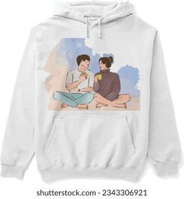 Romantic Couple Spending Time and Relaxing Together. Men's Stencil Hoodie T-Shirt Design